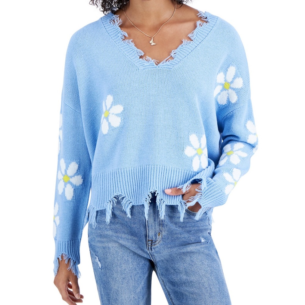 Just Polly. Daisy print destroyed sweater. NWT.